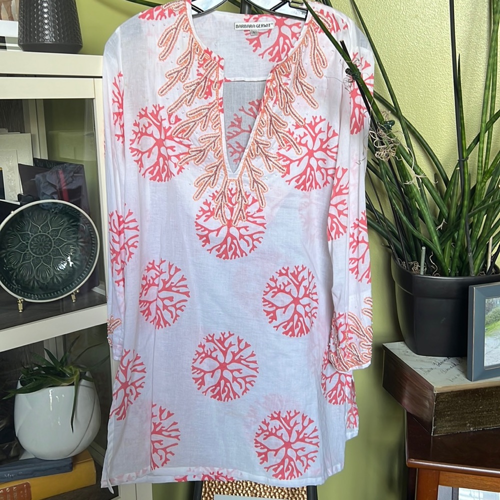Barbara Gerwit Coral Print & Beaded Embroidered Tunic cotton swim Cover Up